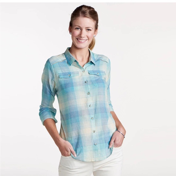 Toad & Co Aquifer Airbrush Long Sleeve Deco button down. Organic cotton. EUC. L - Picture 1 of 11